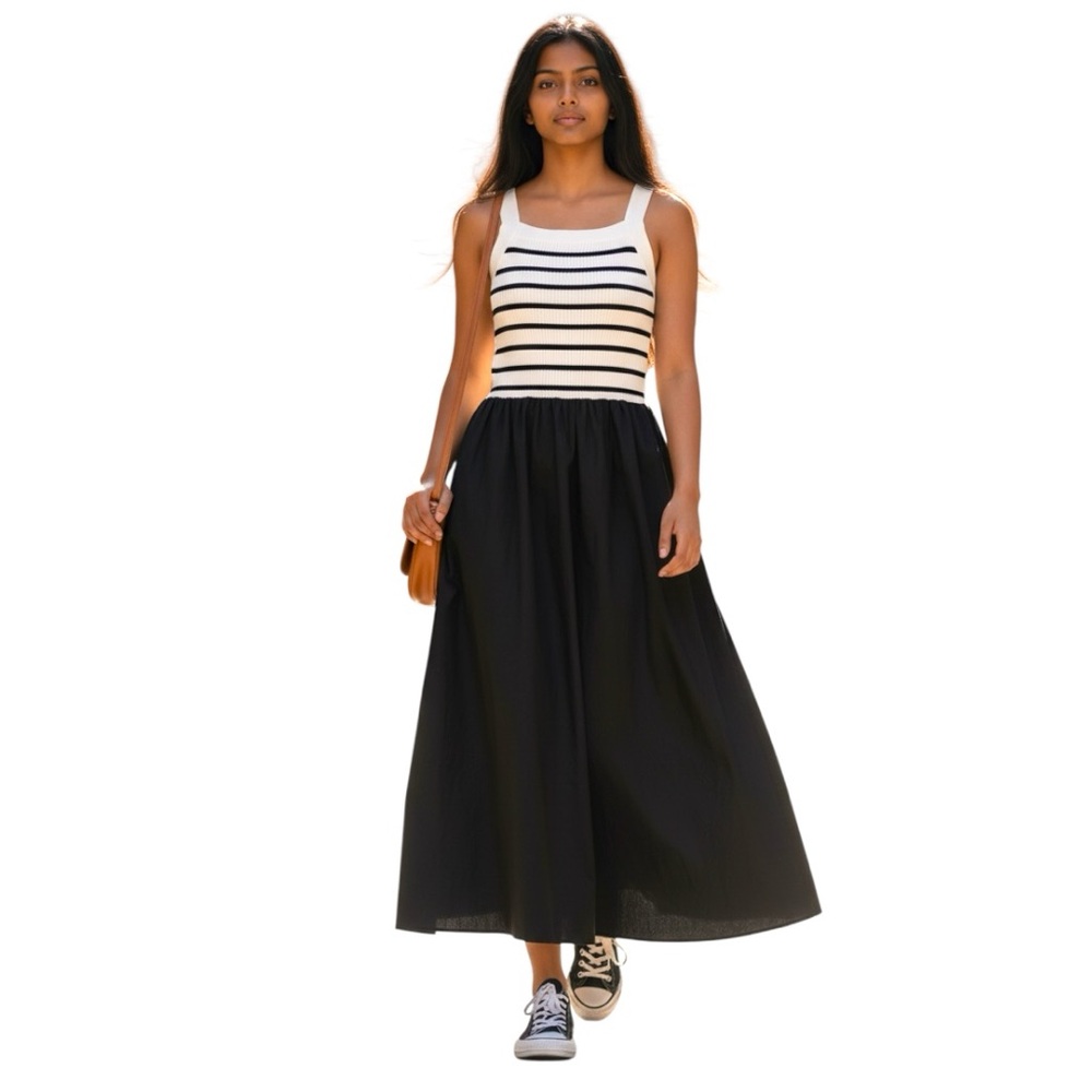Moon River Black White Striped Knit Poplin Maxi Dress Medium Neutral Boho - Picture 2 of 8